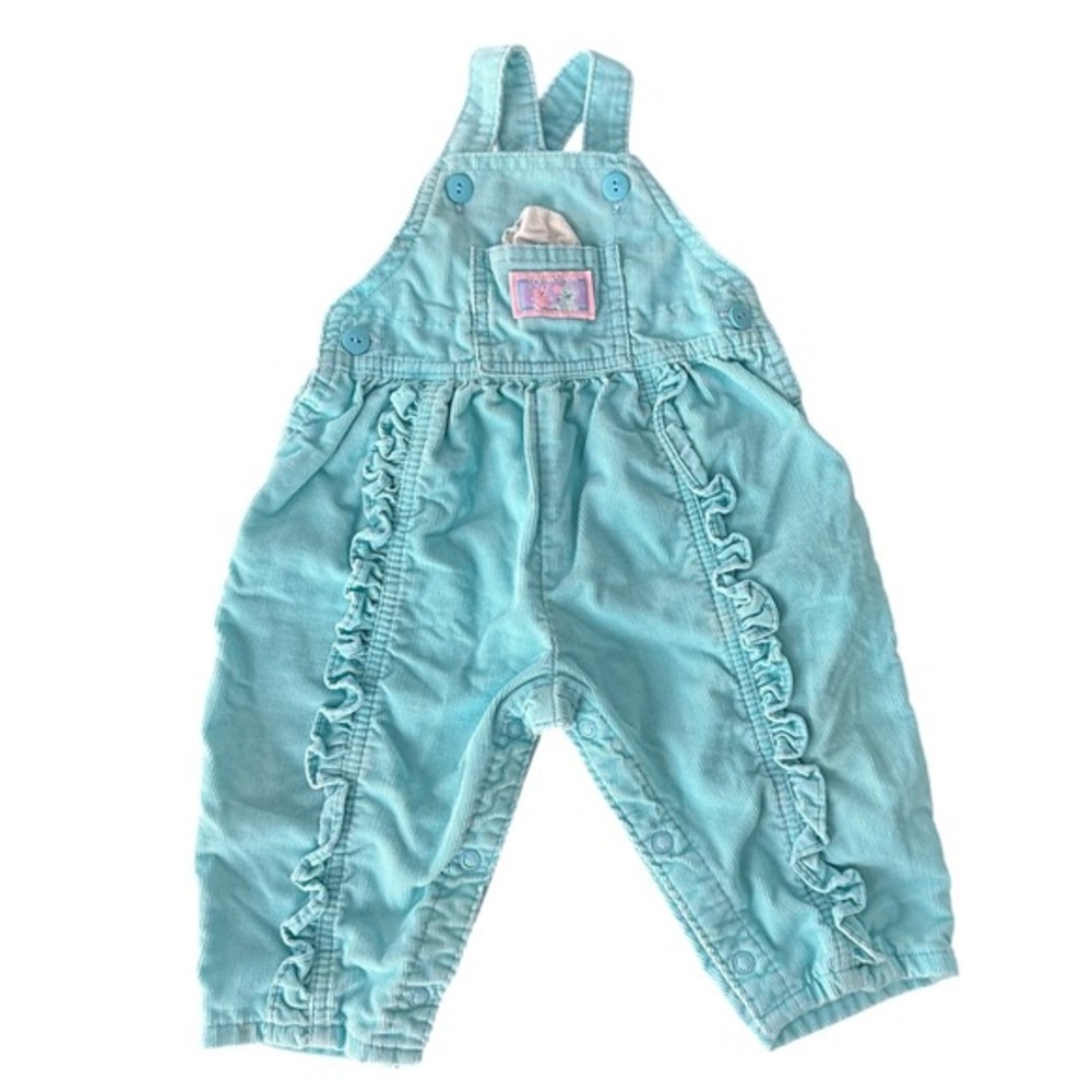 VTG OshKosh B'gosh Pants Overalls kids 6/9M Teal Blue Ruffle‎ Corduroy USA Made